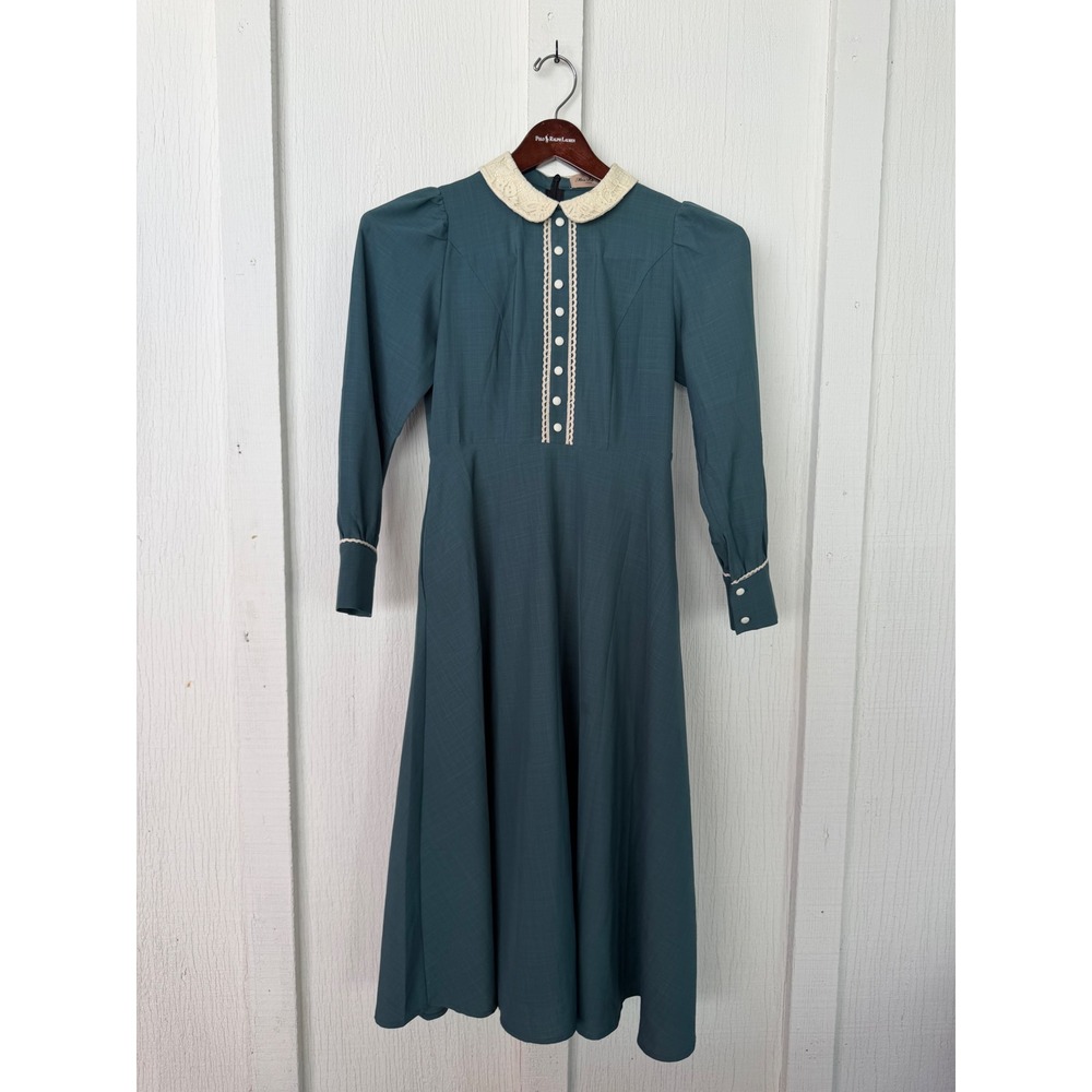 Miss Patina London Teal Green Lace Collar Vintage Style Midi Dress Womens Size 8